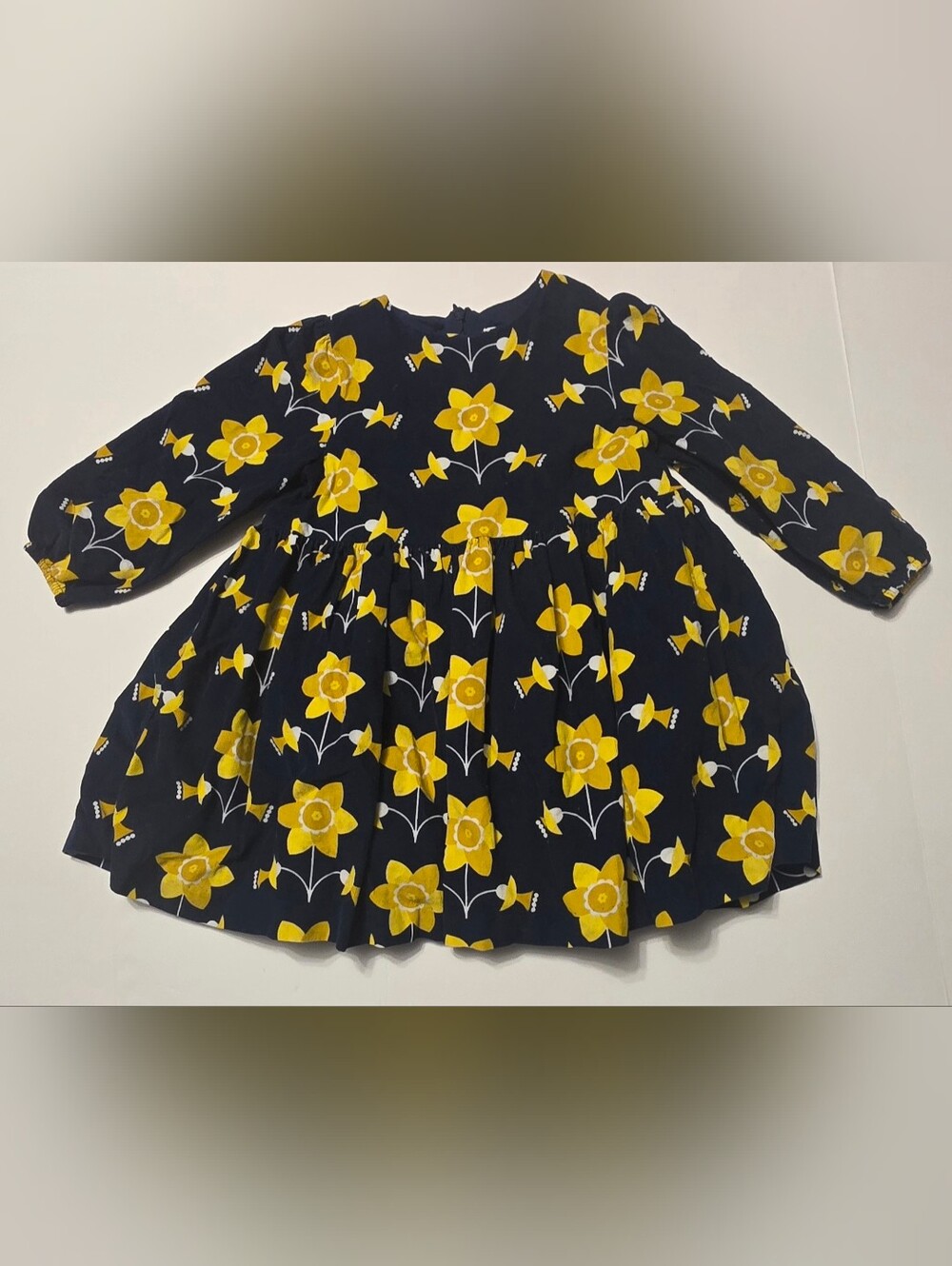 Jacadi Girls Navy Blue Floral Long-Sleeve Dress - Yellow Daffodil Print